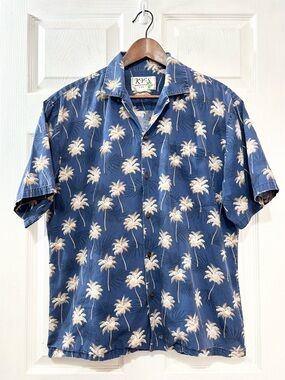 KY’S Made in Hawaii Mens Large Blue Palm Tree Hawaiian Aloha Shirt 100% Cotton
